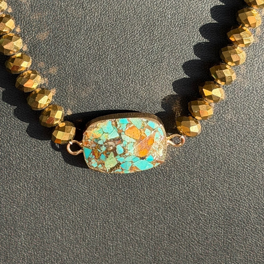 Golden Crystal and Faux Turquoise Beaded Necklace 16”